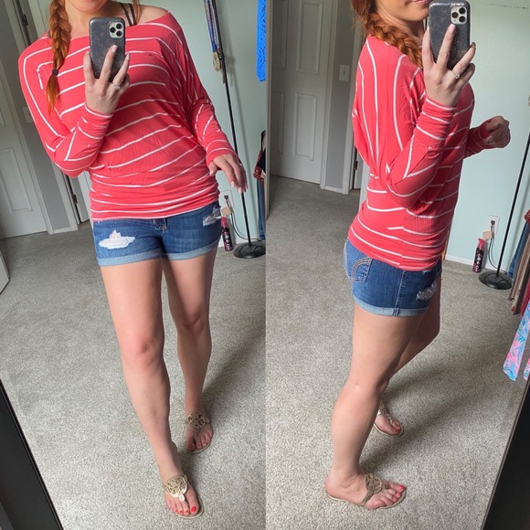 Bright Coral and White Stripe Dolman-Style Top | Legging Friendly | Size M - Picture 2 of 7